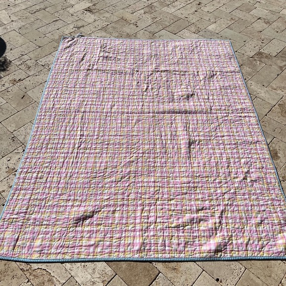 POTTERY BARN KIDS Pastel Madras Twin Bed Quilt Patchwork Pink Blue Yellow Green - Picture 3 of 13